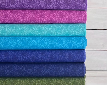 Purple, Turquoise, Blue, Green Dahlia Floral - 100% Quilter Cotton By the Yard, 1/4, 1/2 or Fat Quarter, 44" Wide
