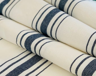 NEW - Heavy Weight Grain Sack Style Fabric - Upholstery Weight - Farmhouse Style - Navy Blue Stripes on White -54"Wide - by the Yard