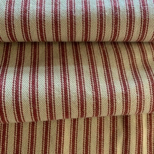 63&quot; Ticking Fabric by the Yard - Vintage Ticking - Medium Weight- French Country - Woven - Farmhouse Style - Red & Tan Stripes - Exclusive