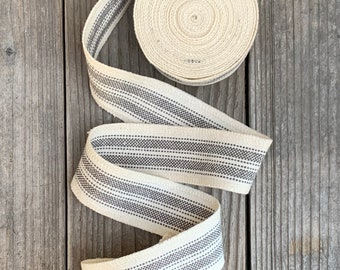 Grain Sack Ribbon - Gray and Cream Striped Ribbon - Fabric Ribbon - Junk Journal Ribbon - 1 3/4 Inches Wide  - Ticking Ribbon