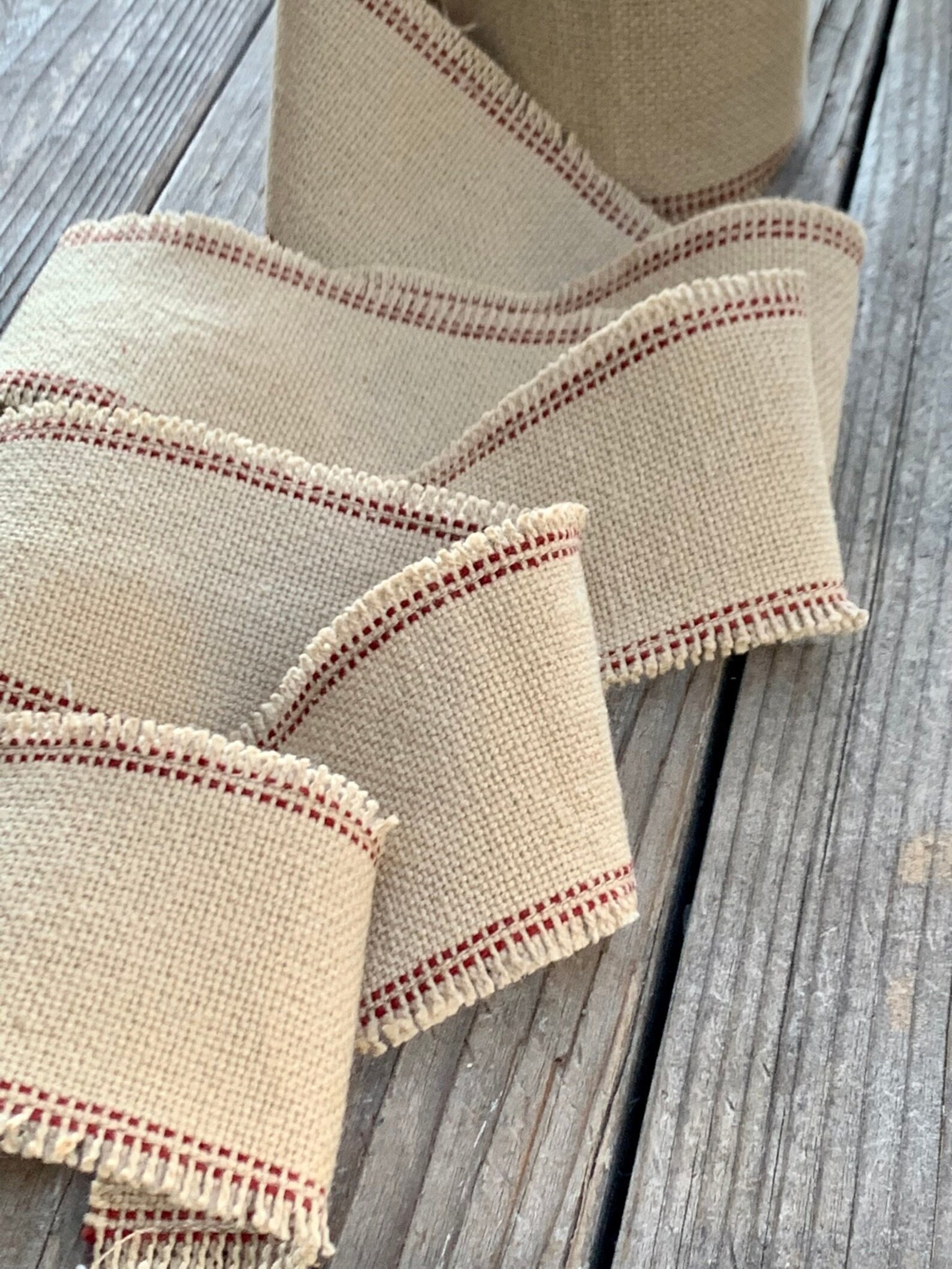 Grain Sack Ribbon - Red and Beige Raw Edge - Frayed Edge - 2 1/4 Inches ...