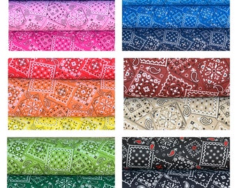 May include: A collection of ten fabric swatches featuring different bandana print designs in various colors, including purple, pink, blue, red, orange, yellow, green, and black.