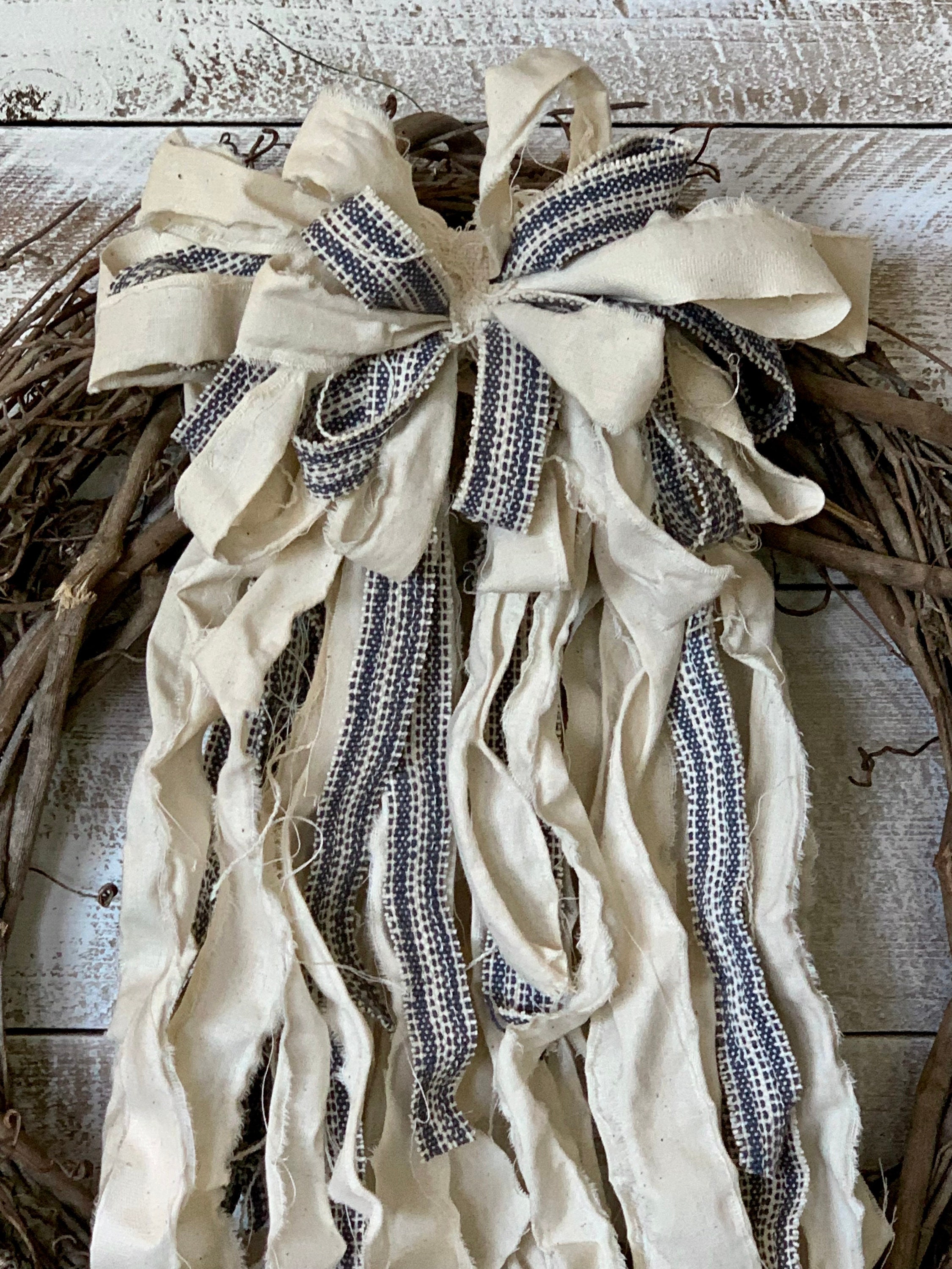 Rag Wreath Bow - Blue, Beige & Muslin - Grain Sack Bow - Wedding ...