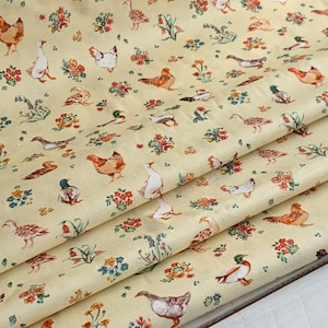 Farm Fowl, Farm Meadow by Clare Therese Gray Windham Fabrics - Buttercream 52795-10 Cotton Fabric by the Yd, 1/2 yd, 1/4 yd, and Fat Quarter