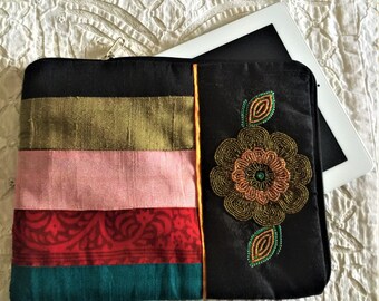 iPad cover in raw silk padded fabric embellished with beads. Handmade on machine