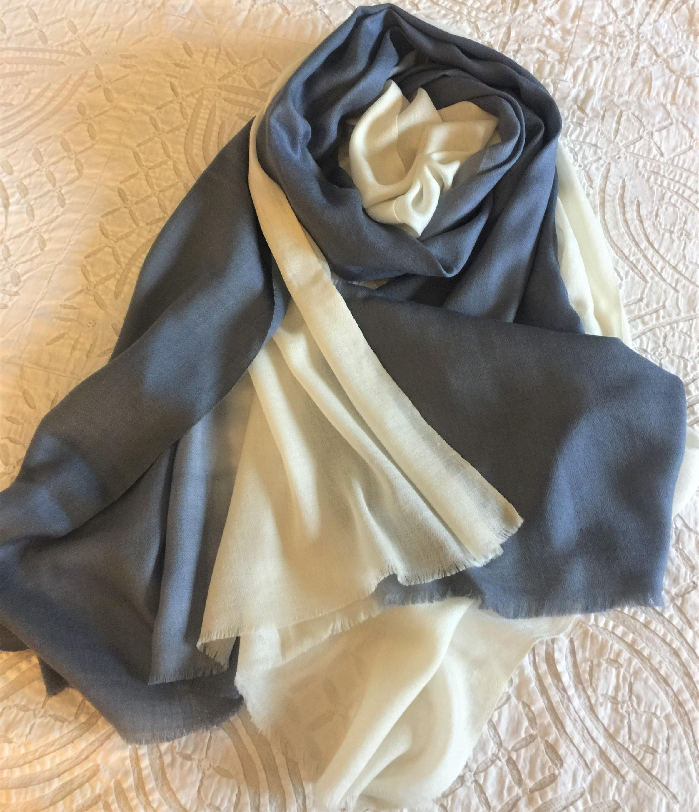 Blend of Semi Pashmina Cashmere sheep wool stole shawl wrap shaded From light cream to indigo blue Soft Warm Lightweight
