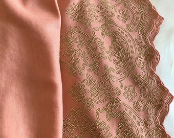 Pure Sheep Merino Wool scarf, stole, shawl in pink bordered at the two ends embellished with stones.