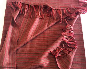 Pure Sheep lambswool scarf stole shawl wrap woven in red.  Striped weave in green and brown all over
