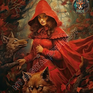 Printable Wall Art, Digital Download, Folklore Art.  A piece from a series entitled "Big Red," that brings the fairy tale back to life.