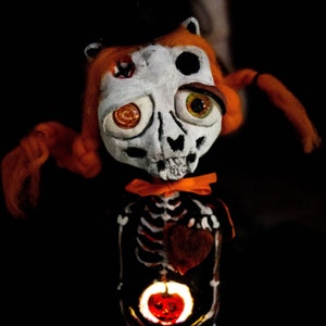October Halloween skelly cat with light, collectible creepy art doll, creepy cute doll destiny,  , handmade doll skelleton,OOAK Doll