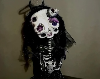 Muñeca Dark Angel Ooak, muñeca de arte espeluznante coleccionable, muñeca linda y espeluznante, muñeca de fantasía, muñeca esqueleto hecha a mano, muñeca OOAK