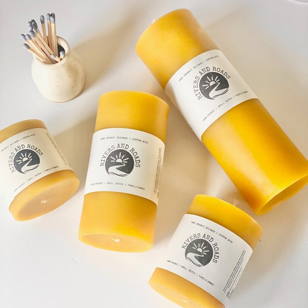 Beeswax Candles | Beeswax Pillar Candle Set | Unscented Natural Honey Scent | Handmade Beeswax Candle  | Pillar Candle | Rivers and Roads
