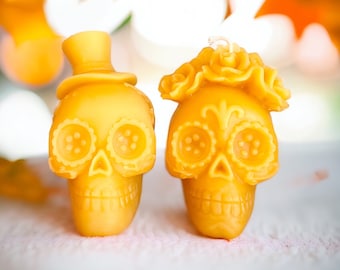 Handmade Sugar Skull Beeswax Candle | Day of the Dead Decor