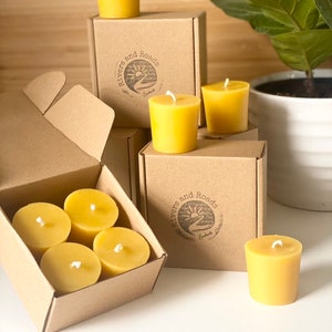 Beeswax Votive Candles | Just Beeswax and a Cotton Wick | Box of 4 | Sustainable Gift | Handmade by Rivers and Roads