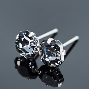 Midnight Black Imperial Swarovski Crystal Stud Earrings - Sterling Silver - 6mm 8mm Square Cut | Man Earrings | Black Asscher Studs | Unisex