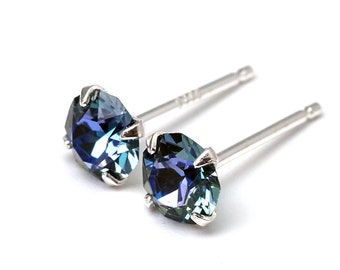 Aquamarine Blue StainedAquamarine Blue Stained Glass - Swarovski Crystal Stud Earrings - Sterling Silver - 5mm Round - Single Piece/Pair