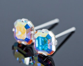 AB Rainbow Imperial Square - Pendientes de botón con cristales Swarovski - Plata de ley - Cuadrado de 6 mm - Pieza individual/Par