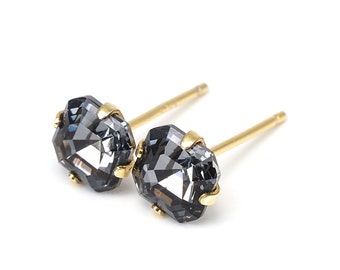 Midnight Black 2 Imperial Square - Swarovski Crystal Stud Earrings - Gold plated/ Black Silver - 6mm Asscher Cut - Single Piece/Pair