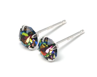 Night Stained Glass - Sterling Silver Round Crystal Earrings - 5mm 6mm 8mm Round, Vitrail, Dark Black Rainbow, Men Women, Swarovski