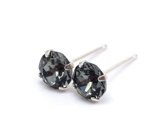 Black Diamond Swarovski Crystal 925 Sterling Silver Earrings - 5mm 6mm 8mm Round | Unisex Womens Men Earrings | Single/ Pair