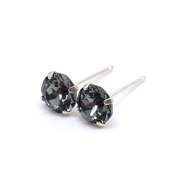 Black Diamond Swarovski Crystal 925 Sterling Silver Earrings - 5mm 6mm 8mm Round | Unisex Womens Men Earrings | Single/ Pair