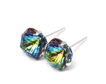 Fireworks at Night - Swarovski Crystal - Sterling Silver Earrings | 8mm Square | Dark Rainbow Earrings | Christmas Earrings