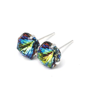 Fireworks at Night - Swarovski Crystal - Sterling Silver Earrings | 8mm Square | Dark Rainbow Earrings | Christmas Earrings