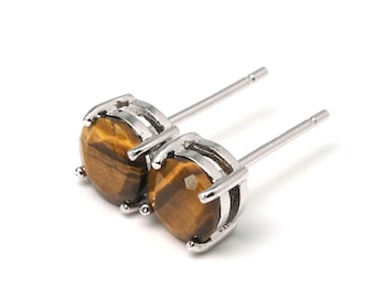 Tiger's Eye Ear Stud Earrings - Rhodium plated 925 Sterling Silver - 6mm 8mm round | Man Earrings | Brown Gemstone Gift Idea | Charka