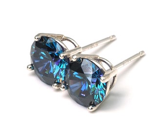 Mystic Blue - Zirconia Stud Earrings - Sterling Silver - 6mm/ 8mm Round - Single Piece/Pair