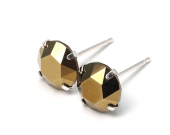 Monte Carlo Gold - Crystal Stud Earrings - 925 Sterling Silver - 6mm/ 8mm Round - Single Piece/ Pair