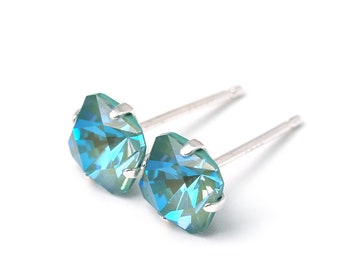 Sage Green - Kaleidoscope Crystal Earrings - Sterling Silver - 6mm Square | Swarovski | Geometric Studs | Light Green Earrings