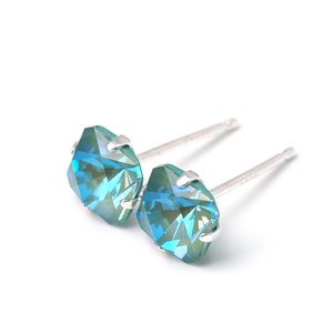 Sage Green - Kaleidoscope Geometric Crystal Stud Earrings - Sterling Silver - 6mm Square | Swarovski | Light Green Earrings