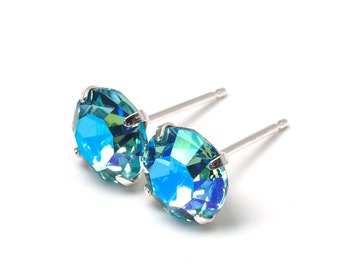 Turquoise Burst - Round Crystal Earrings - 925 Sterling Silver - 8mm Round, Sparkly Seaside Blue Studs, Big Ear lobe