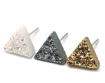 Triangle Druzy Stud Earrings | 8mm Triangle | Sterling Silver | Silver/ White/ Gold Triangle Stone earrings | Big Shiny Studs |