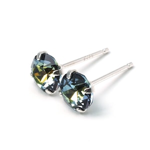 Sahara Blue - Round Crystal Earrings - Sterling Silver - 6mm Round | Mysterious Blue | Yellow Blue | Men Unisex Ladies Simple Earrings