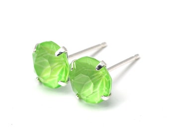 Highlighter Green - Matt Bold Green , Crystal Earrings - Sterling Silver - 8mm round , 80's 90's Studs , Retro Green , Stationery and School