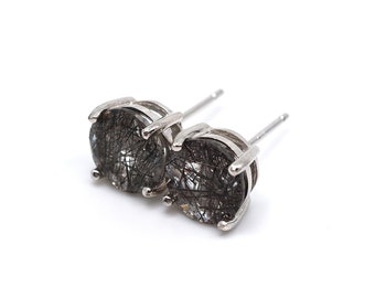 Black Tourmalinated Rutilated Quartz Big Ear Stud Earrings - Rhodium plated Sterling Silver - 8mm Round | Unisex Men Women | Single or Pair