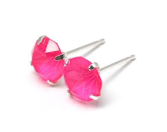 Highlighter Pink - Matt Bold Pink , Crystal Earrings - Sterling Silver - 6mm, 8mm round , Cute Earrings , Neon Pink , 80's 90's Retro Studs