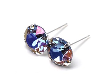 Twilight Sky - Swarovski Crystal - Sterling Silver Earrings - 8mm Round - Women Men Earrings, Valentines Day Earring Gift, Romance, V-day