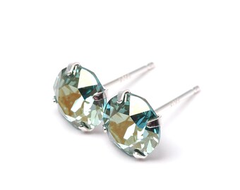 Misty Forest - Swarovski Crystal Silver Earrings - Sterling Silver - 8mm Round, Misty Green Earrings, Gold Green Earrings, Morning Green