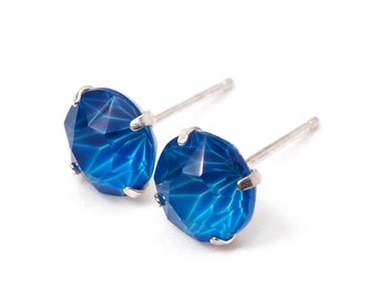 Bold Blue Highlighter - Crystal Stud Earrings - Sterling Silver - 8mm Round - Single Piece/Pair