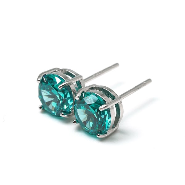 Paraiba Tourmaline Stud Earrings - Rhodium 925 Sterling Silver - 5mm, 6mm, 7mm round | Men Unisex Earrings | Neon Blue Green Gemstone Studs