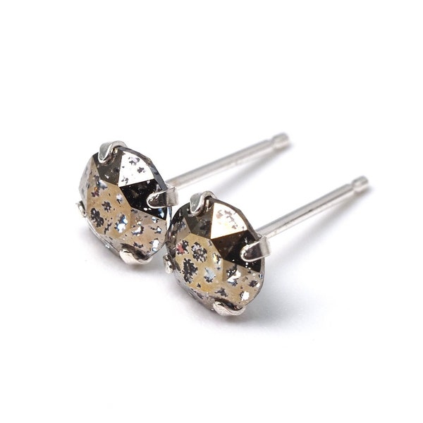 Gold "Meteorite" Swarovski Crystal Earrings - 5mm, 6mm, 8mm round - Sterling Silver - Retro Patina Earrings, Gold Earrings, Men Studs