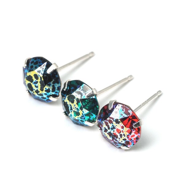 Rainbow "Meteorite" Crystals - Sterling Silver Earrings, Sci Fi Galaxy Studs, 8mm Round Circle, Vintage Style, Big Earrings Gift