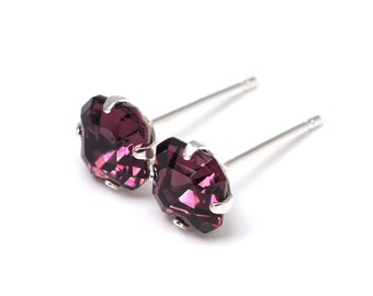 Deep Purple Imperial Square - Swarovski Crystal Stud Earrings - Sterling Silver - 6mm/ 8mm Asscher Cut - Single Piece/Pair