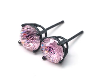 Pink Cubic Zirconia Concave Earrings - Black Ox Sterling Silver - 8mm round | Men Gender Neutral Ear Studs | Pink CZ Firework Fancy Cut