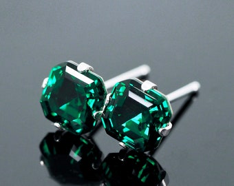 Emerald Green Imperial Swarovski Crystal Stud Earrings - 925 Sterling Silver - 6mm 8mm Square Cut | Men & Women | Single/ Pair | Art Deco