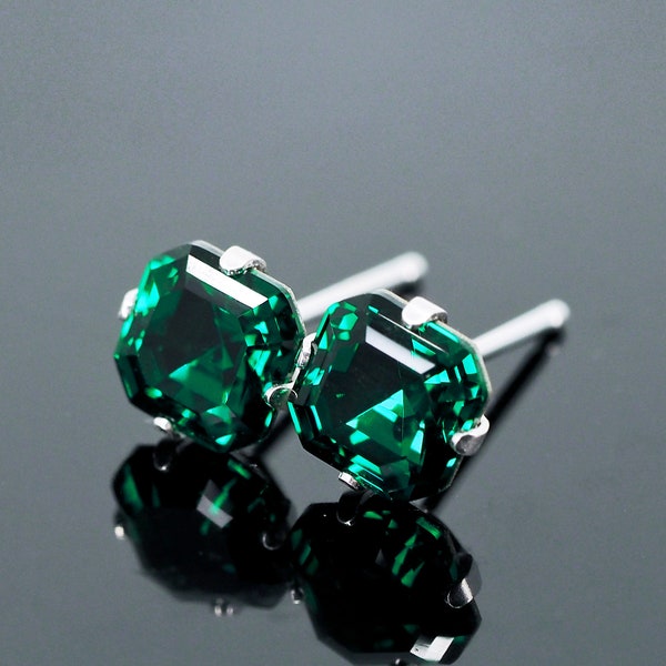 Emerald Green Imperial Swarovski Crystal Stud Earrings - 925 Sterling Silver - 6mm 8mm Square Cut | Men & Women | Single/ Pair | Art Deco