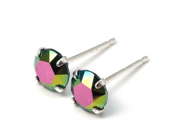 Futuristic Pink Crystal Round Earrings - 925 Sterling Silver | 6mm round | Peacock Green | Metallic Pink Green | Flashy Pink and Green Studs