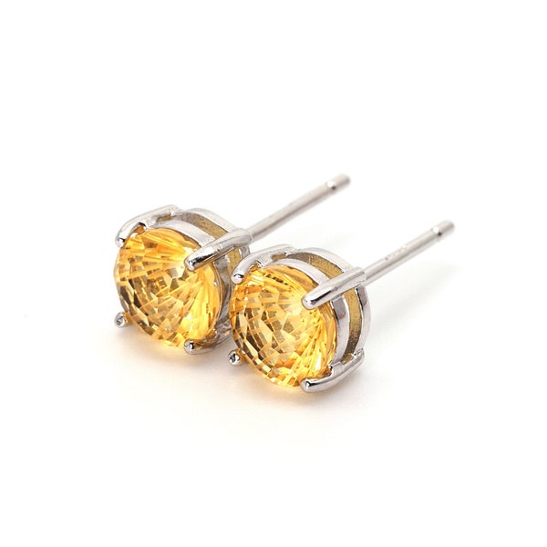 Citrine Concave Ear Stud Earrings - Rhodium 925 Sterling Silver - 6mm round | Concave Gemstone Earrings | November Studs | Women Stone Studs